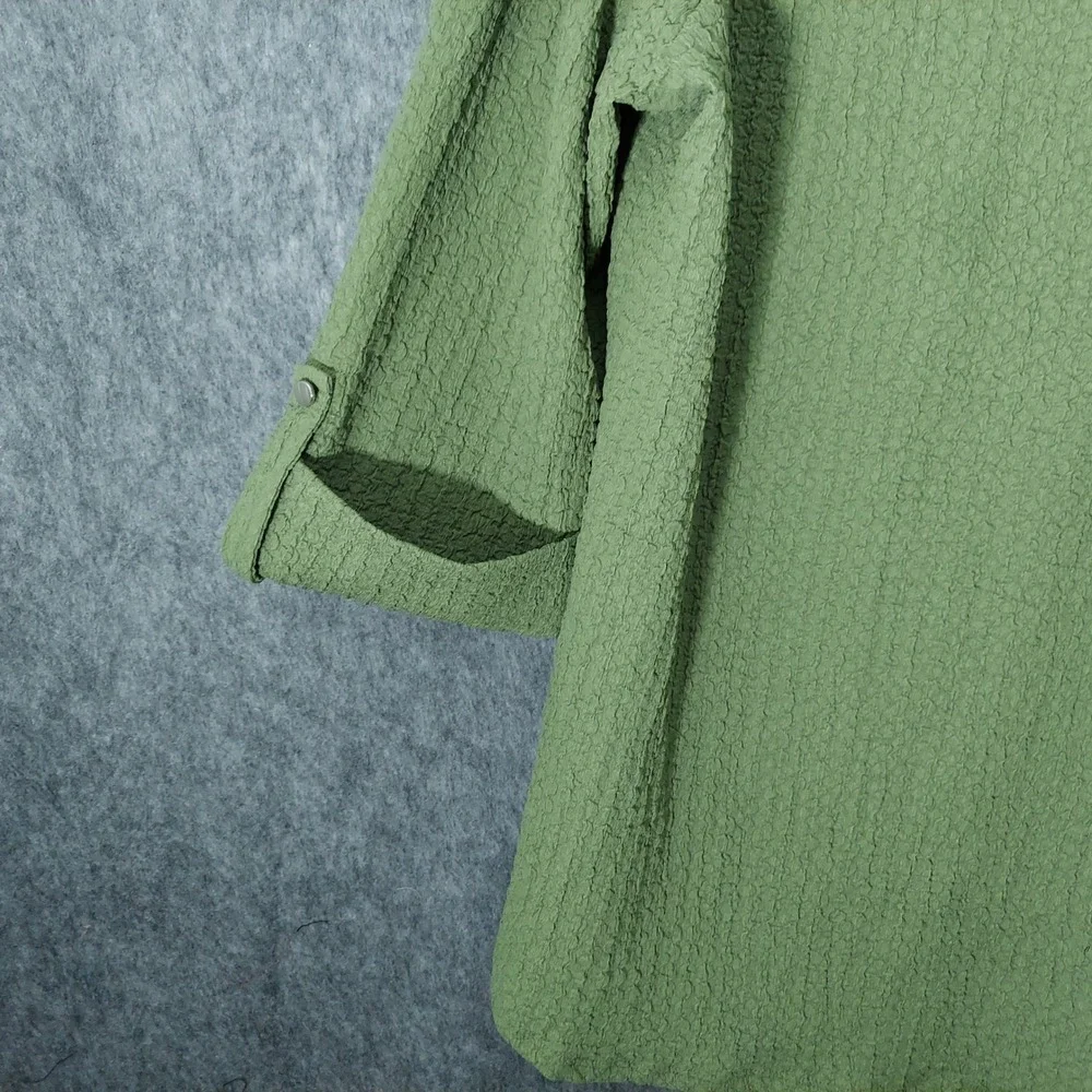Ava & Grace Women Top 1X Olive Minimalist Seersucker Henley Capsule Roll Tab Slv - Picture 8 of 10
